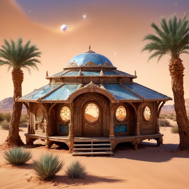 00079-[number]-4241592415-((best quality)), ((masterpiece)), ((realistic,digital art)), (hyper detailed),Desert Oasis, cabin made of Shining Scintillating.png